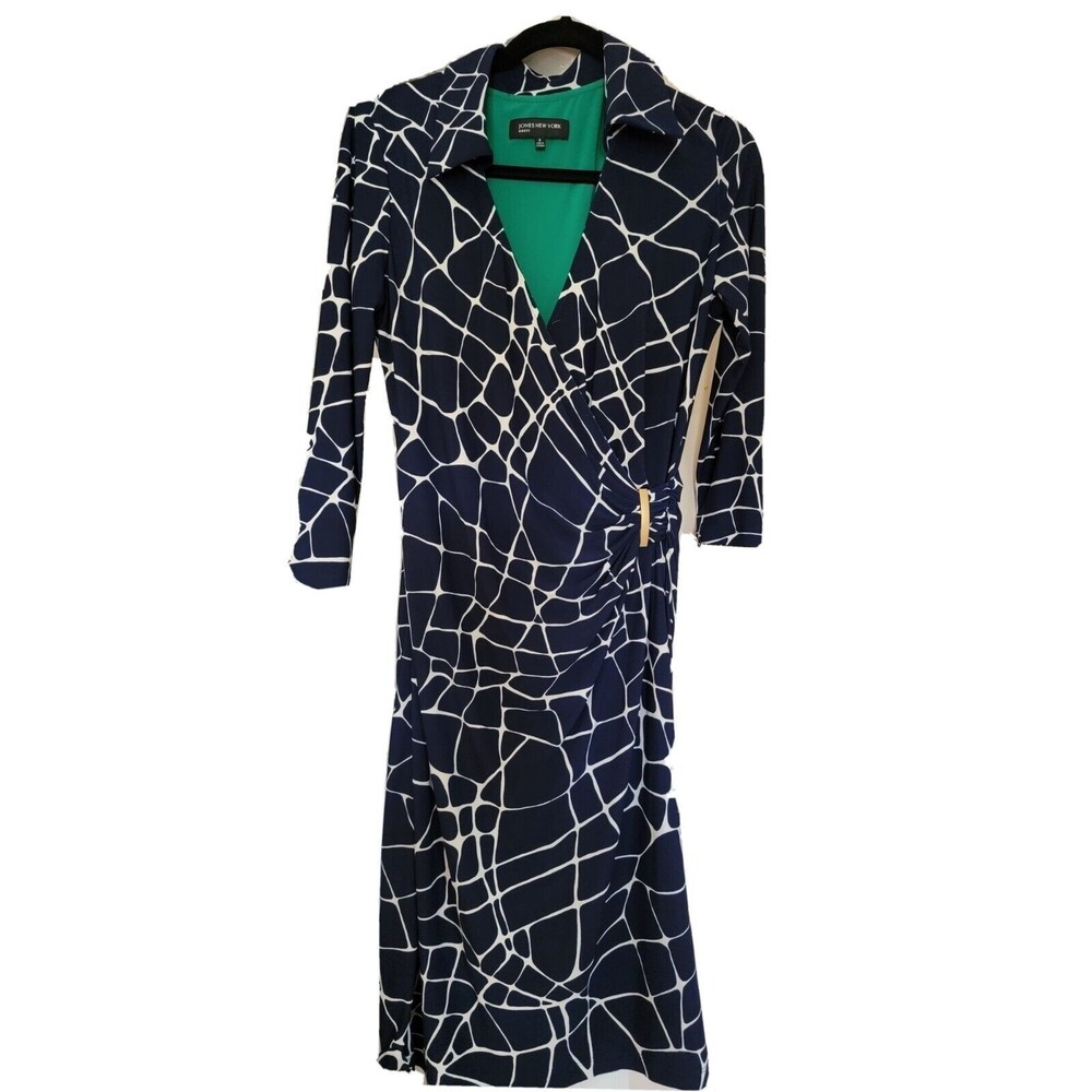 Jones New York Blue Print Mock Wrap Dress size 8 Stretch Knit 3/4 Sleeve